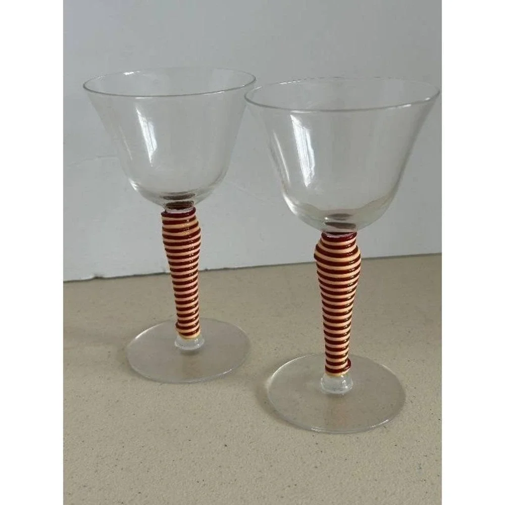 MCM Champagne Coupes - Clear Glass w/Red & Yellow Striped Spiral‎ Rattan Wrapped